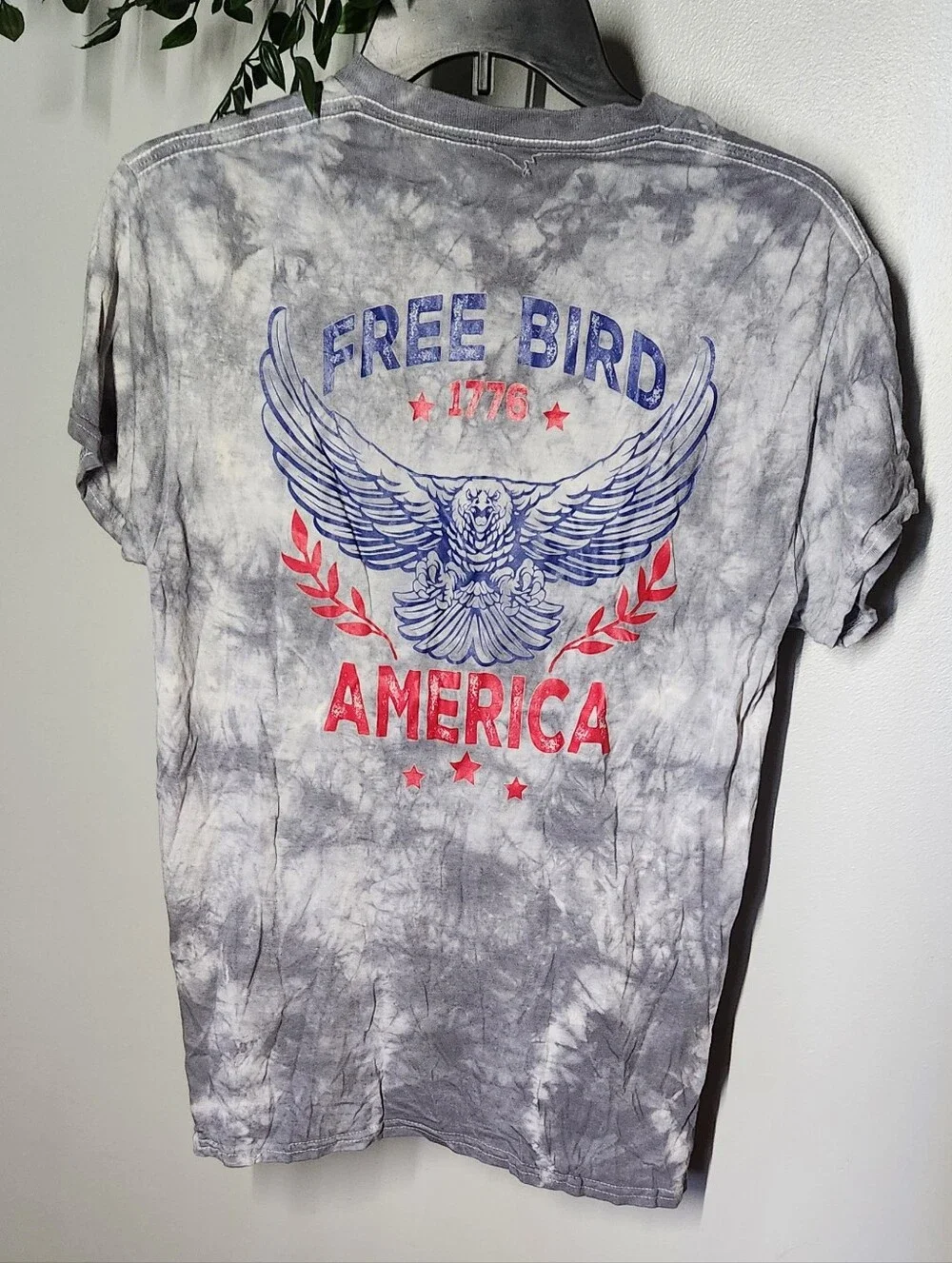Free Bird America Graphic Tee - Gray Tie-Dye with Red & Blue Print - Picture 1 of 4